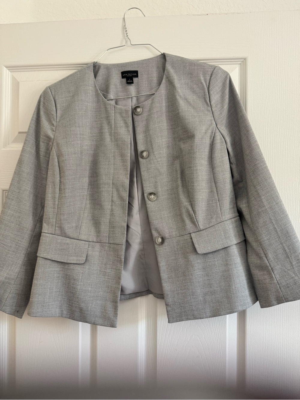 Ann Taylor Light Gray Collarless Button Blazer